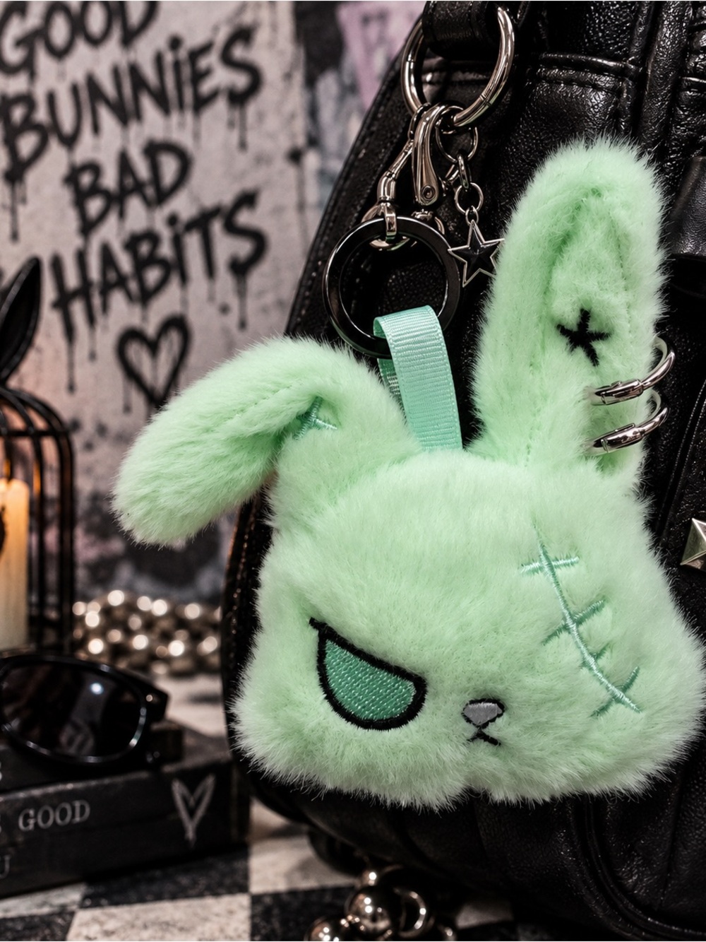 Street Rabbit Gothic Plush Bunny Keychain Bag Charm – Mint Green